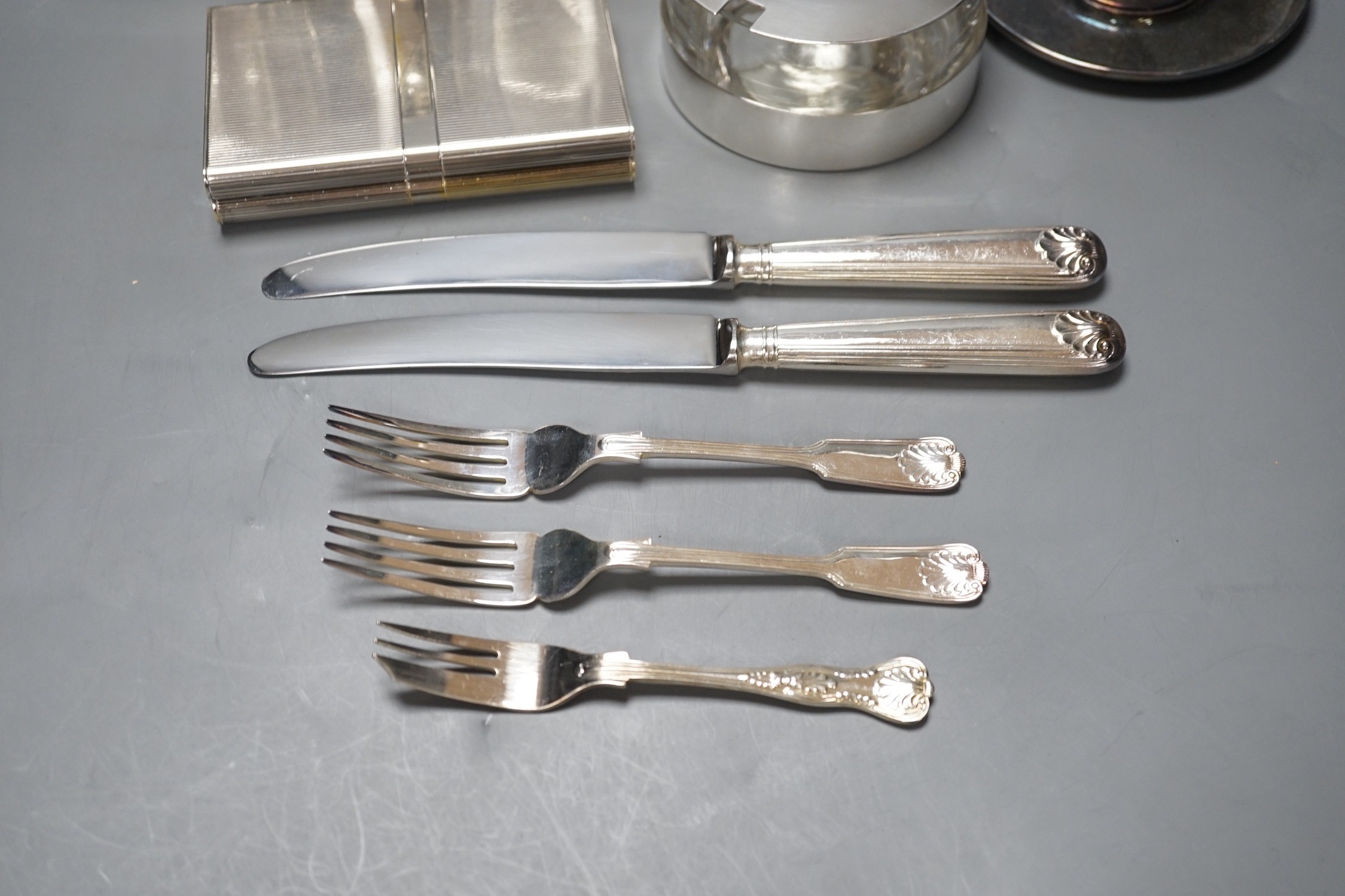 A Christofle plated preserve dish, assorted plated flatware, a beaker, etc.